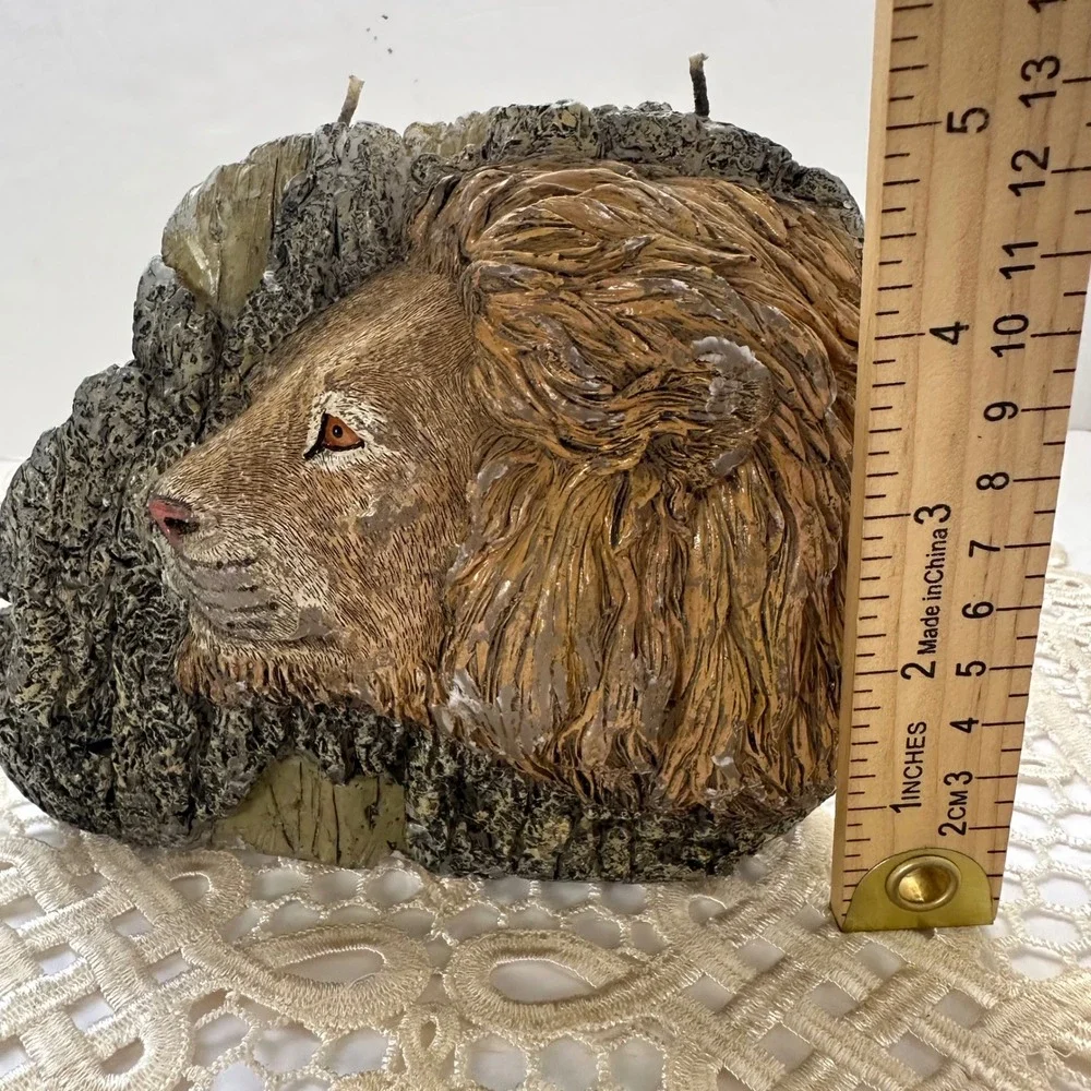 Realistic Hand‎ Carved Lion Head Candle Artisan Decor Safari Core Unburned